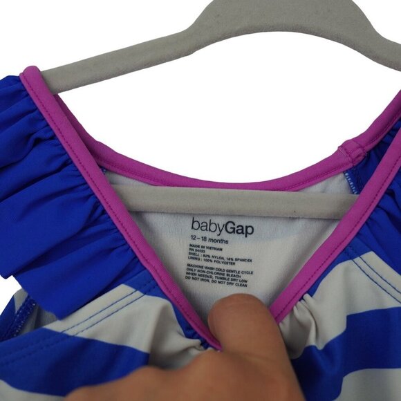 BabyGap Girls Ruffle Strap‎ Blue & White Striped Swimsuit 12-18 Months - Picture 6 of 6